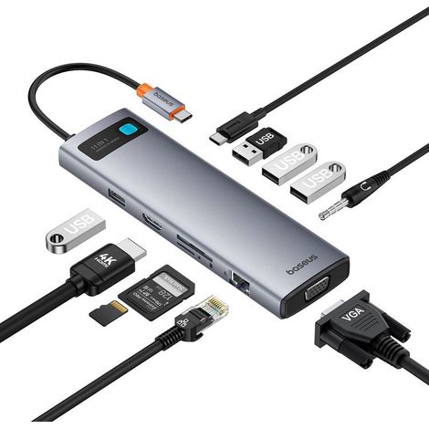 Adaptateur HUB 11 en 1 USB-C vers USB-C PD 4x USB HDMI VGA AUX RJ45 SD TF gris (1/5)