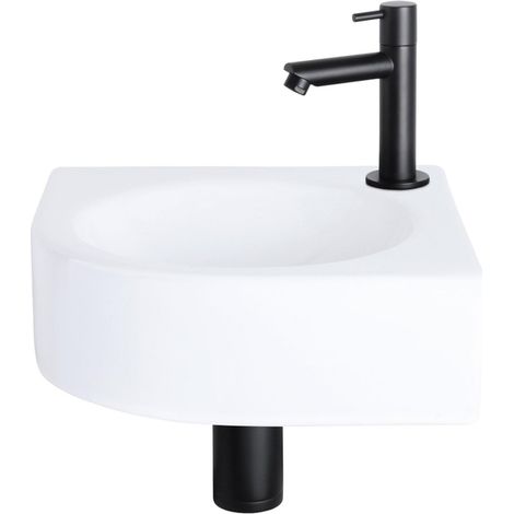 Differnz Cleo Set lave-mains 30x30x10cm 1 trou avec robinet droit et siphon + bonde noir mat Quart de rond Céramique Blanc (1/5)