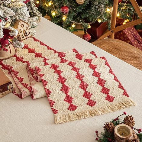 Rote Weihnachtstischdecke Adventskalender-Tischdekoration Tischläufer für das Weihnachtsessen Boho-Tischläufer in Rot für Weihnachten Tisch Party 35 (1/5)