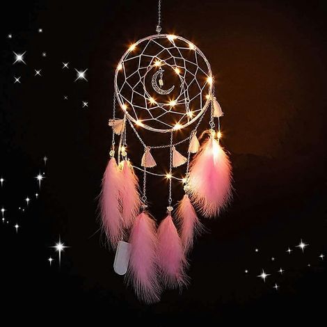 Pink Dream Catchers, Dream Catcher for Girls, Handmade Feather Wall Decor with Lights, Home Ornaments Craft Gift (1/5)