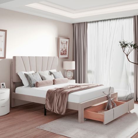 Polsterbett 140x190 cm mit Lattenrost und großen Schubladen, Doppelbett im skandinavischen Stil aus Samt, Beige
