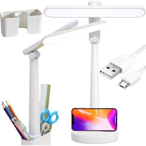 Lampada da scrivania a LED, luce notturna USB con controllo touch, organizer regolabile e supporto per telefono, colore bianco (1/4)