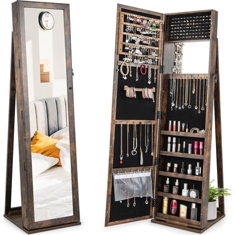 GOPLUS 2 en 1 Armoire a Bijoux Verrouillable sur Pied avec Psyche pour Bagues/Bracelets/Boucle d'Oreilles/Colliers, Organisateur de Bijoux pour Chambre/Salon, Polyvalent, Marron