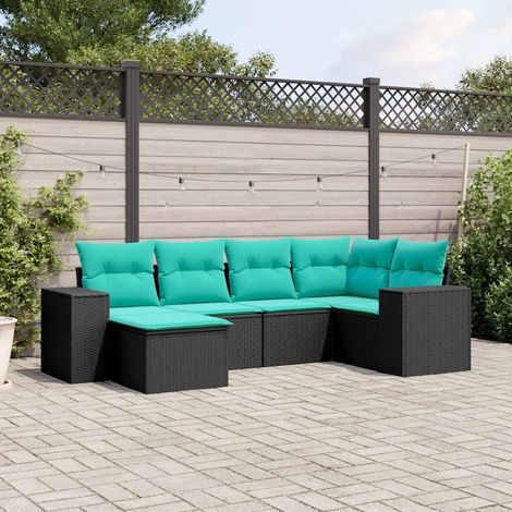 6-teiliges Gartensofa-Set mit Kissen, schwarzes Polyrattan (1/5)