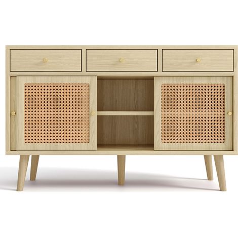 Buffet, commode avec 3 tiroirs et 3 portes coulissantes, cannage en rotin sur les façades de portes, pieds en bois massif, poignée en métal doré, étagères réglables, chêne, 120x 40x78cm (1/5)