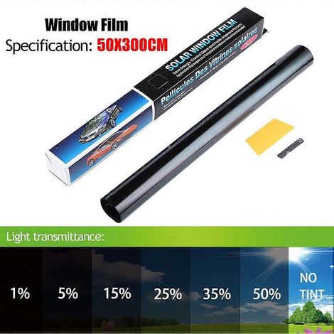 rouleau de film teinté noir pour vitres de voiture (50 x 3 m), transmission de la lumière visible (TLV) de 1 % à 50 %, protection solaire et UV, film autocollant transparent à 15 %. (1/5)