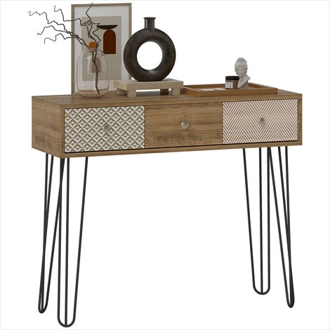 Console Table 3 tiroirs 90 x 30 x 75 cm épingle à cheveux marron (1/5)