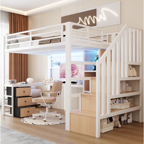 Lit mezzanine enfant 90x200 cm en métal et MDF avec bureau, 4 tiroirs et LED blanche OKWISH (1/5)