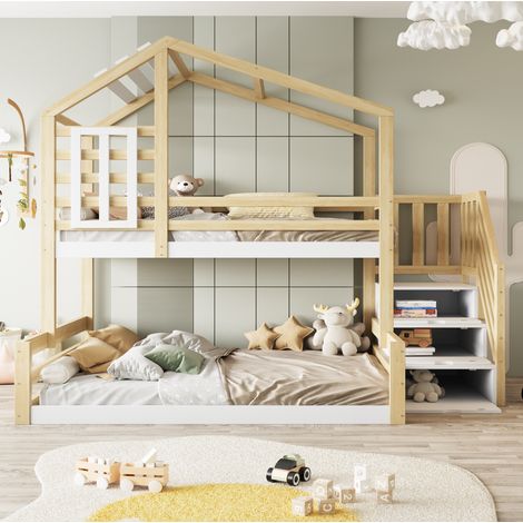 Etagenbett 90x200 cm natur aus Kiefer und MDF mit Fensterdesign, Geländer und Stauraumtreppe (1/5)