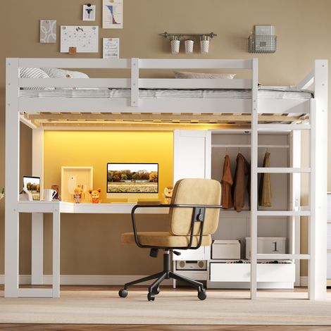 Lit mezzanine enfant 140x200 cm avec bureau, armoire et étagères - LED intégrée, rangement, structure en bois, Blanc (1/5)
