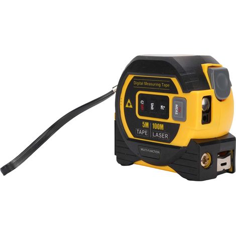 Ruban à mesurer laser 3 en 1 100 m, mètre laser 328 pi et ruban manuel 16,4 pi, annonce vocale, Pythagore, surface, volume, unité ft/inch/m, ligne croisée pour menuisier, chantier, jaune (1/5)
