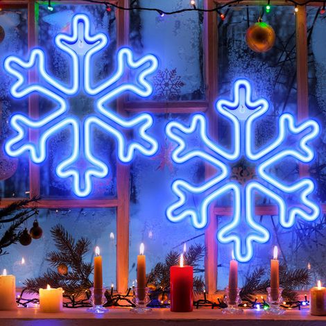 Guirlande lumineuse néon flocon de neige de Noël, 30 cm, enseigne néon rideau de Noël alimentée par piles et USB avec minuterie pour décoration de fête de Noël (bleu, lot de 2) (1/5)