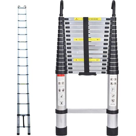 échelle télescopique de 4,4 mètres avec crochet, en acier inoxydable, pliable, rétractable, antidérapante, rétractable, en acier inoxydable de haute qualité, portable et légère, portant 150 kg