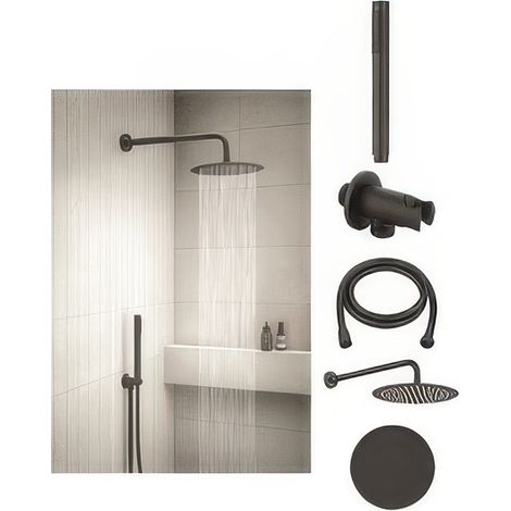 Set Doccia Gedy con Soffione Tondo Diam. 25 cm Nero Opaco e Braccio 40 cm High Pro Plus 02