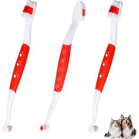 Lot de 3 Brosses à Dents à Double Tête pour Animaux de Compagnie, Brosse à Dents à Poils Souples pour Nettoyage des Dents des Petits et Grands Chiens et Chats (Rouge)-Karteo (1/5)