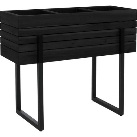 Fioriera per 3 vasi HHG-462, rettangolare da esterno acciaio legno di acacia 68x80x30cm, MVG, nero