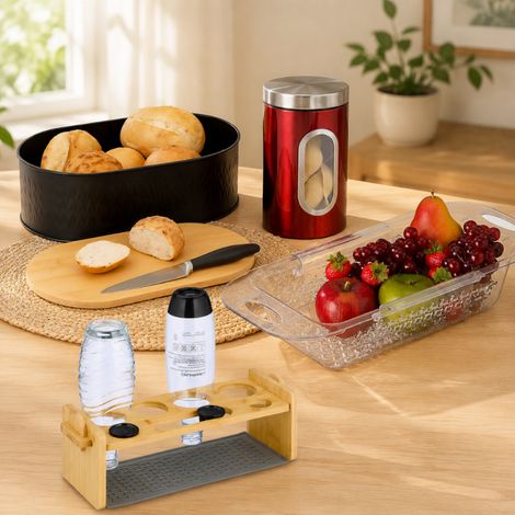Juego de accesorios de cocina rústicos (4 piezas): panera, botellero, colador para el fregadero y tarro de conservación (1/5)