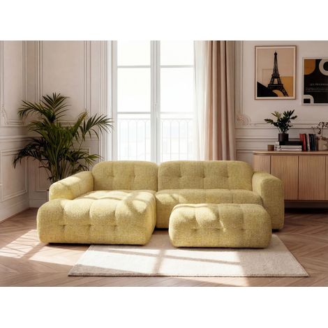 BOBOCHIC - Canapé d'angle fixe LAURA tissu chiné avec grand pouf Angle gauche  Jaune