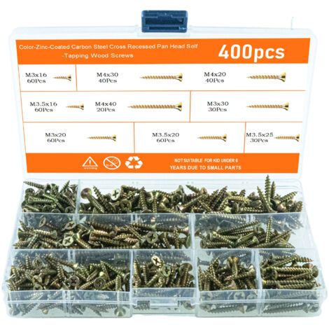 QORVA-Jeu de 400 vis à bois autotaraudeuses universelles, M3, M3,5 et M4, à tête fraisée et cruciforme, filetage complet pour le bois.