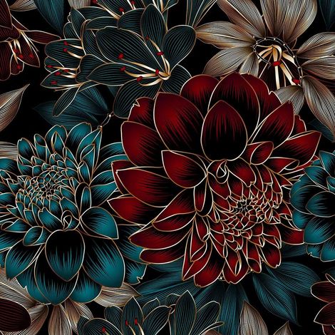 papier peint panoramique fleurs bleu foncé, rouge et or - Sanders & Sanders (1/5)