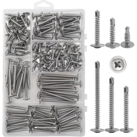 Kit surtido de tornillos de renovación con cabeza de armadura 8, tornillos autorroscantes de acero inoxidable 410 de alta resistencia para metal, plástico y madera, 145 tornillos autoperforantes de 1/ (1/5)