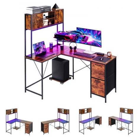 Bureau Gaming Angle, Bureau avec Rangement Éclairage LED Bureau en L Réversible 1,58 m (1/3)