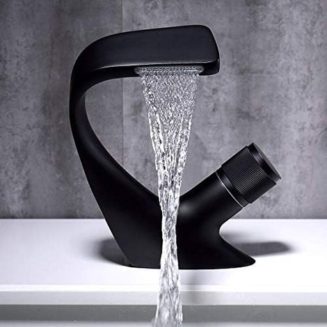 Grifo de lavabo moderno, grifo de lavabo de latón, mezclador monomando, grifo de lavabo de un solo orificio, grifo de lavabo elegante (negro). (1/2)