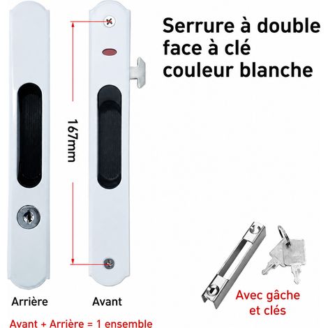Serrure à crochet blanche double face avec clé pour porte coulissante blanc réf 2462 18 kg – Livraison gratuite