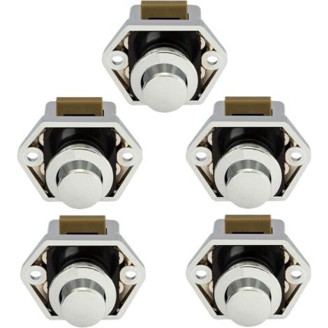 Loquet à bouton-poussoir pour meuble – 5 pièces en métal chromé – Pour portes et tiroirs jusqu'à 16mm d'épaisseur – Installation facile