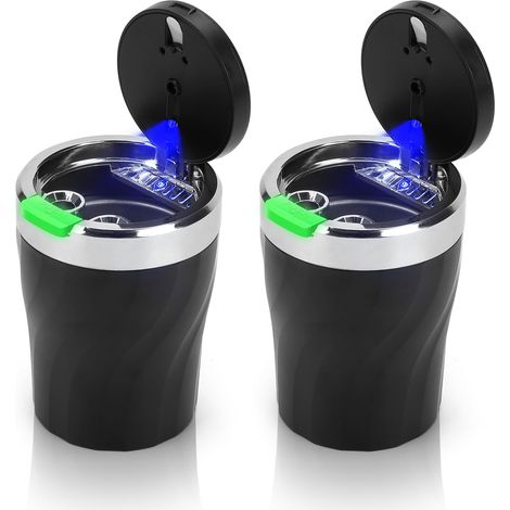2 pièces Cendrier Voiture, Cendrier portable sans fumée en acier inoxydable avec couvercle et lumière LED pour voitures Vans Camping en plein air, Noir