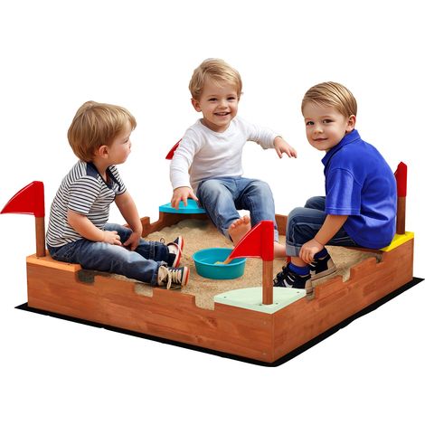 Sabbiera per Bambini 3-7 Anni a Forma di Castello con 4 Sedute in Legno di Abete, 90x90x17 cm, Multicolore