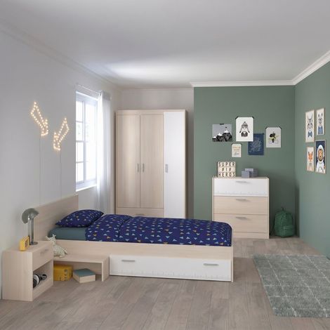 Chambre lit 90x190 avec 1 chevet 1 armoire 3P et 1 commode - CHARLINE (1/5)