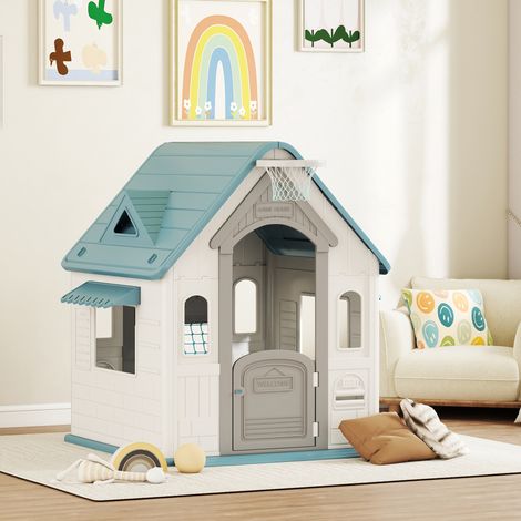 Maisonnette 5 en 1 pour enfants (intérieur/extérieur) avec panier de basket, but de football, cible de fléchettes et jeu de lancer d'anneaux (2-5 ans), beige