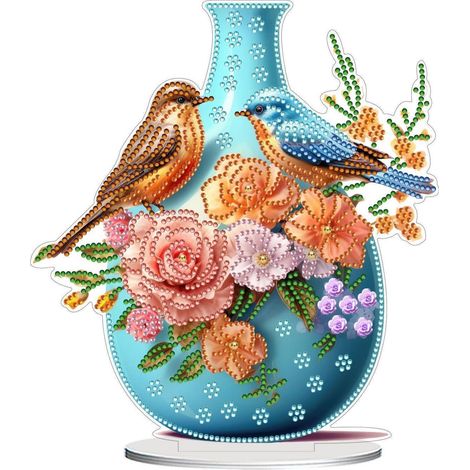Diamantmalerei Tischdeko Set mit Vase, Rosen & Vögeln, 5D Edelsteine, Blau