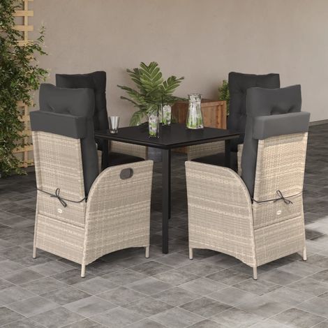 5-tlg. Garten-Essgruppe mit Kissen Hellgrau Poly Rattan
