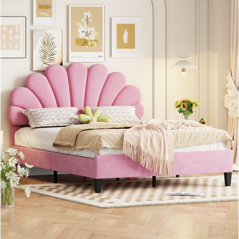 Polsterbett 140/200 cm rosa aus Samt mit blumenförmigem Kopfteil (1/5)
