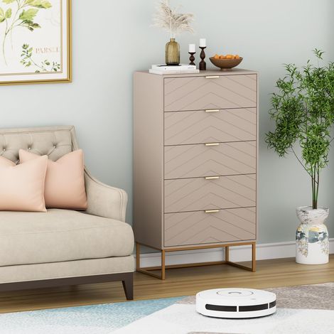 UEV Cassettiera 5 Cassetti Camera da Letto V-Linea, Mobiletto Moderno Pratico e Sicuro con Design Antiribaltamento, Comò Soggiorno Portaoggetti, 60x34x110cm, Beige Rosa