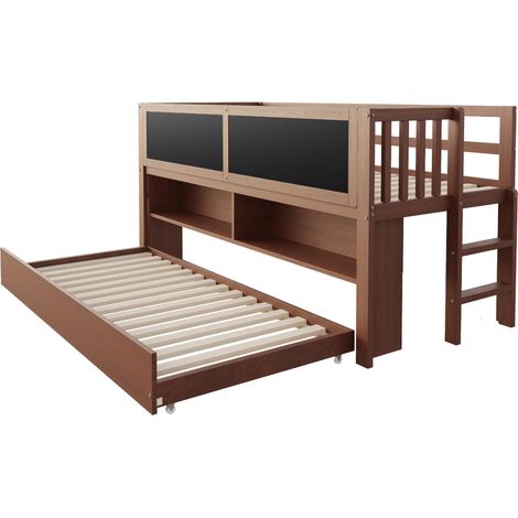 Letto bambini rialzato 90x200 con letto estraibile, lavagna, ripiani aperti e scala, marrone (1/5)