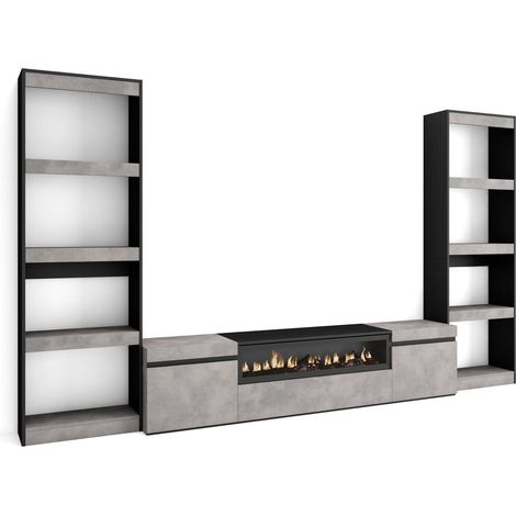 Skraut Home – Ensemble meuble TV moderne avec cheminée électrique – Dimensions 320x35x186cm – Pour TV jusqu'à 80" – Couleur gris ciment (1/5)