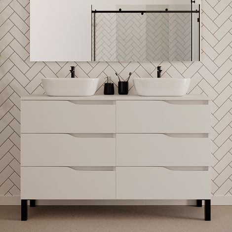 Meuble de salle de bain 140cm avec plateau et deux vasques à poser zeus - 6 tiroirs - sans miroir - blanc - MATA (1/4)