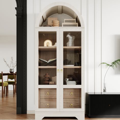 Buffet haut avec étagères réglables et tiroirs, meuble de rangement en MDF et verre, blanc DESVIAE (1/5)