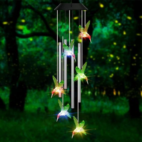 Veilleuse  Solaire Carillon à Vent, Exterieur Changement de Couleur LED Colibri Carillons éoliens de Tubes en Aluminium, pour Cadeau Femme Maman Grand-Mère Saint Valentin, pour Jardin Cour Patio Maiso