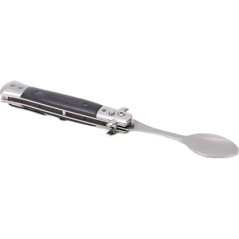 Cuillère pliante portable en acier inoxydable avec manche en bois noir pour randonnée, camping et équitation (1/5)
