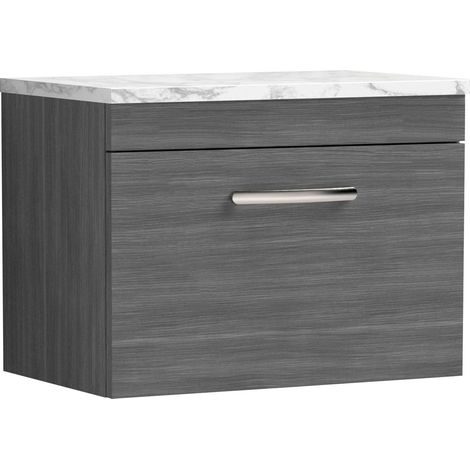 Nuie Athena Wall Hung 1-Drawer Vanity Unit with Carrera Marble Worktop 600mm Wide - Anthracite Woodgrain (1/4)