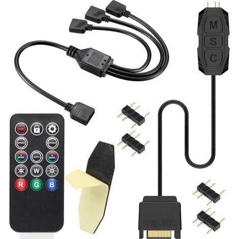 Contrôleur ARGB avec Télécommande, Hub RGB 5V 3 Broches Alimenté par SATA, Contrôle 14 Touches pour Effets Lumineux, avec Câble Splitter ARGB 1 vers 3, Compatible Ventilateurs et Bandes LED (1/5)