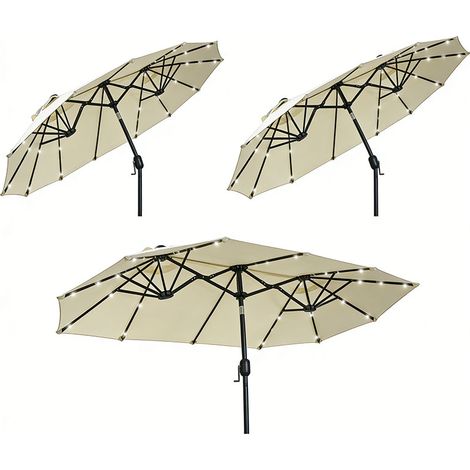 3er-Set  sonnenschirm 295 x 219cm Doppelsonnenschirm mit LED, verstellbarem Neigungswinkel, Gartenschirm für Terrasse & Pool, Polyester & Stahl, Beige