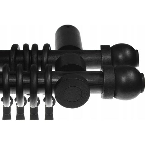 Tringle à rideaux double en bois noir, 280 cm, à rotule (1/5)