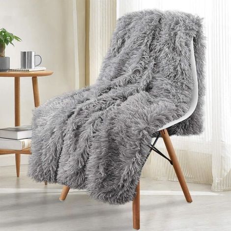 Plaid super doux + couverture polaire Sherpa Plaid pelucheux et confortable Plaid de canapé Décoration-Gris- 130160cm (1/4)