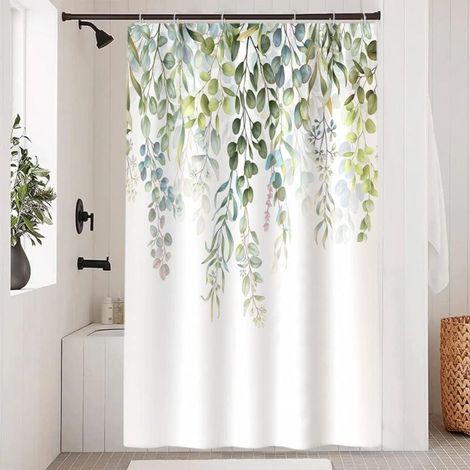 Rideau Douche 120x200cm - Polyester Imperméable - Motif Eucalyptus - Anti Moisissure - Avec 8 Crochets (1/5)
