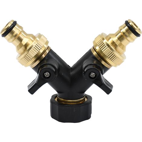 Dapetz ® 2 Way Brass Garden Tap Adapter, Double Way 3/4" Hose Connector, Tap Water Hose Tap Quick Individual On/Off Splitter Connector with 2 Quick Connector for Hose Pipe Irrigation Tool Fitting (1/5)